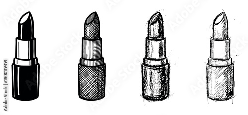 Set of four hand-drawn lipsticks shows different illustration styles from a solid black silhouette to crosshatching, texture, and a loose sketch for beauty and cosmetic concepts