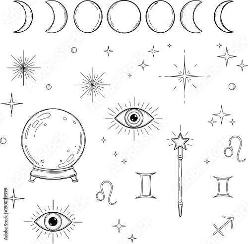 Celestial symbols and mystical elements in black and white