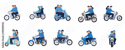 Flat Graphic Collection of Couple Riding Various Motorcycle Scooter Transportation