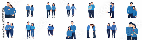 Minimalist Flat Style Young Couple Character in Various Poses Illustration