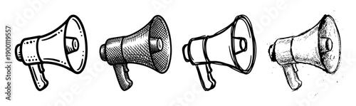 Set of four hand-drawn megaphone illustrations in various sketch and doodle styles, showcasing different artistic techniques like hatching, stippling, and clean line art