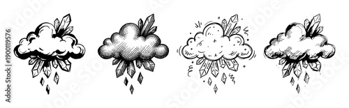 Set of four hand-drawn fantasy clouds raining sharp geometric crystals, a magical black and white doodle collection with various ink sketch and hatching styles