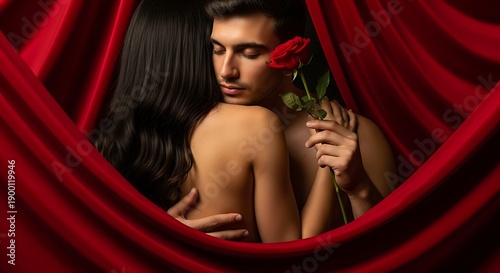 Intimate couple embracing amidst flowing red fabric, with a rose, symbolizing love and romance
