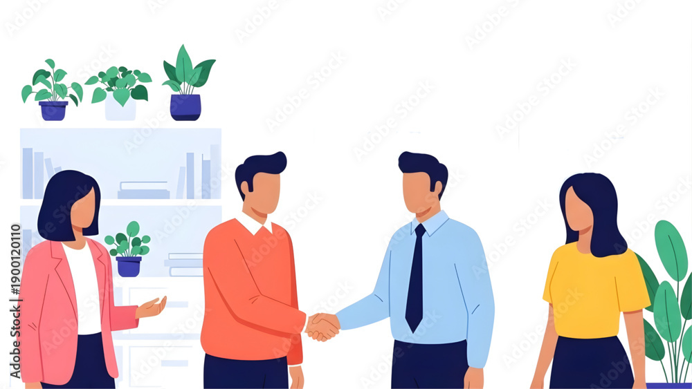 Fototapeta premium Professional Business Partners Handshaking in Modern Office Interior Illustration, Great for Recruitment and Corporate Agreement Content. vector art on transparent background