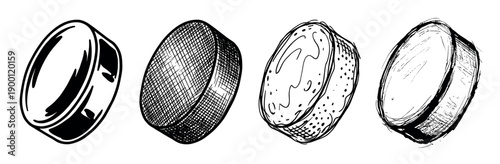 Four hand-drawn ice hockey pucks illustrated in a black and white sketch style with various textures like cross-hatching and rough lines, showing a collection of sports equipment