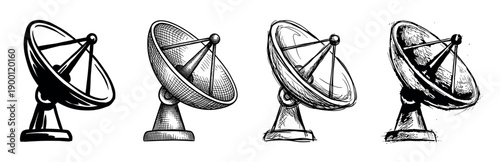 Set of four hand-drawn satellite dishes in various sketch styles, from a clean silhouette to detailed crosshatching, illustrating communication and technology concepts