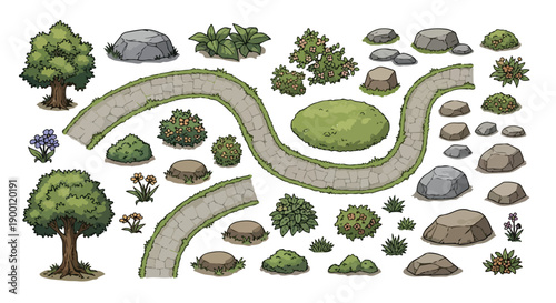 Pixel art vector landscape elements: trees, bushes, rocks, grass, winding path, flowers isolated on white