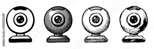 Four hand-drawn webcam icons in various sketch styles, from clean line art to a rough ink doodle, showing a collection of video conference camera illustrations