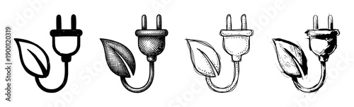 Set of four hand-drawn green energy icons with an electric plug and leaf symbol, showcasing different artistic styles like sketch, doodle, and engraving for eco-friendly concepts