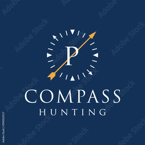 Initial letter P compass sun clock hunting logo design 