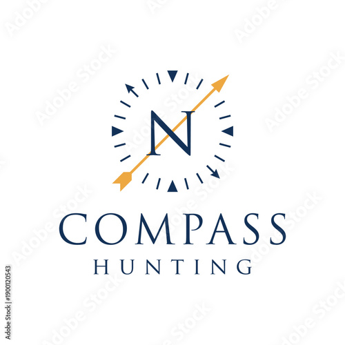 Initial letter N compass sun clock hunting logo design 
