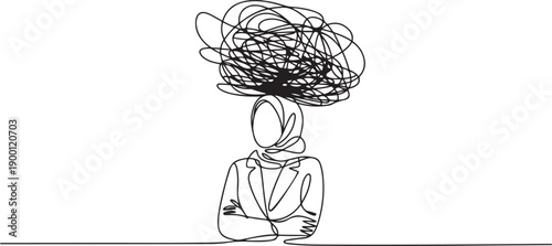 Continuous one line drawing Arabian businesswoman under heavy messy line burden. Stress burden, anxiety from work difficulty, overload, economic crisis problem. one line Icon drawing