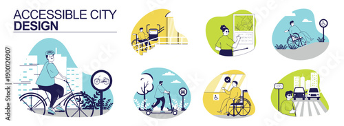 Accessible city design concept set for web design. Collection with people cycling on roads, kick scooter riding, using wheelchair ramp or elevator, going on blind person pathway. Vector illustration.