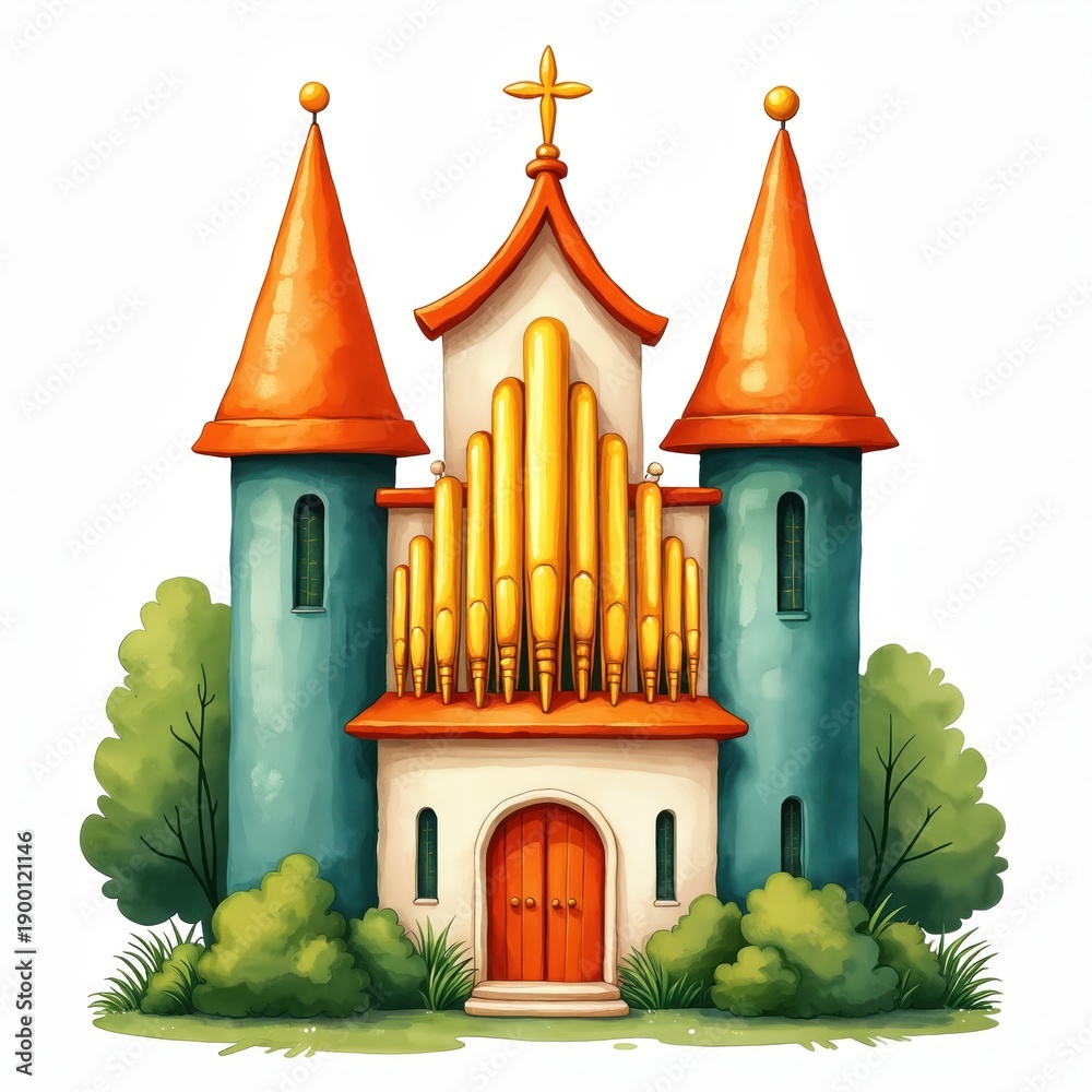 Fototapeta premium Stylized illustration of fantasy church featuring large golden organ pipes on facade. Teal towers with orange conical roofs flank central white building with orange door, golden cross on top. Rich
