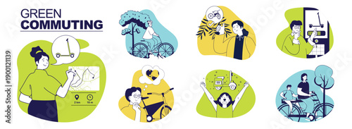 Green commuting concept set for web design. Collection with people riding electric kick scooters for going to work, cycling bicycles, planning routes in app with charging stops. Vector illustration.