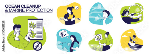 Ocean cleanup and marine protection concept set for web design. Collection with people researching sea ecosystem, gathering plastic trash in water, saving dolphins and wildlife. Vector illustration.