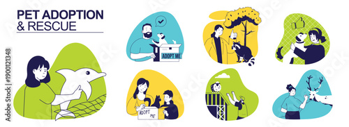 Pet adoption and rescue protection concept set for web design. Collection with people saving dolphins, taking to home cats and dogs from shelters, protect and caring other animal. Vector illustration.
