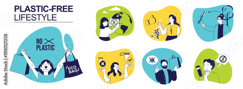 Plastic-free lifestyle concept set for web design. Collection with people using eco shopping bags and paper packages, reusing coffee cups, zero waste habits and reduce garbage. Vector illustration.