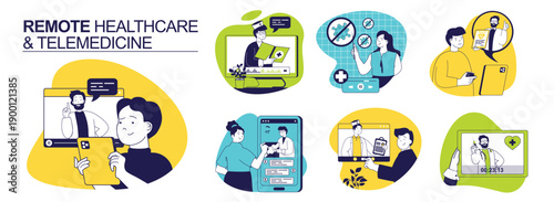 Remote healthcare and Telemedicine concept set for web design. Collection with people get doctor consultation by video call, chat with clinic online for diagnosis and treatment. Vector illustration.