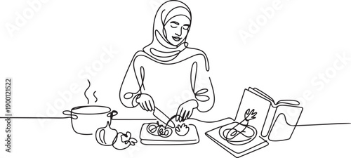 Continuous one line drawing beautiful Arabian woman cooking meal while reading tutorial book on cozy kitchen table at home. Healthy food lifestyle. one line Icon drawing