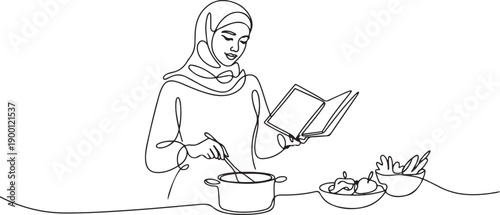 Continuous one line drawing beautiful Arabian woman cooking meal while reading tutorial book on cozy kitchen table at home. Healthy food lifestyle. one line Icon drawing