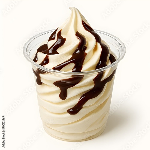 Vanilla Soft Serve Ice Cream Cup with Chocolate Drizzle - Delicious Frozen Yogurt Summer Dessert