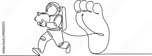 Single continuous line drawing astronaut carrying piggy bank run away from the giant foot. Escape with the assets that will be used for the expedition mission. one line Icon drawing