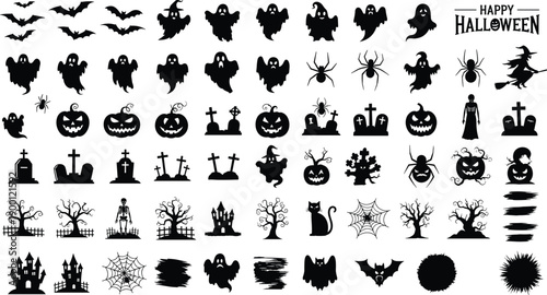 Large collection of Halloween silhouettes including spooky ghosts bats pumpkins spiders and graveyards isolated on white for festive holiday graphic design,