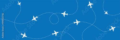 Airplane flight routes travel pattern background. Seamless aviation themed background with airplane icons and dotted flight paths, representing air travel, global transportation. Vector illustration. 