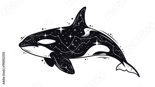 Creative silhouette of an orca whale reveals a mystical landscape of snowy mountains under a starry night sky filled with constellations inside.