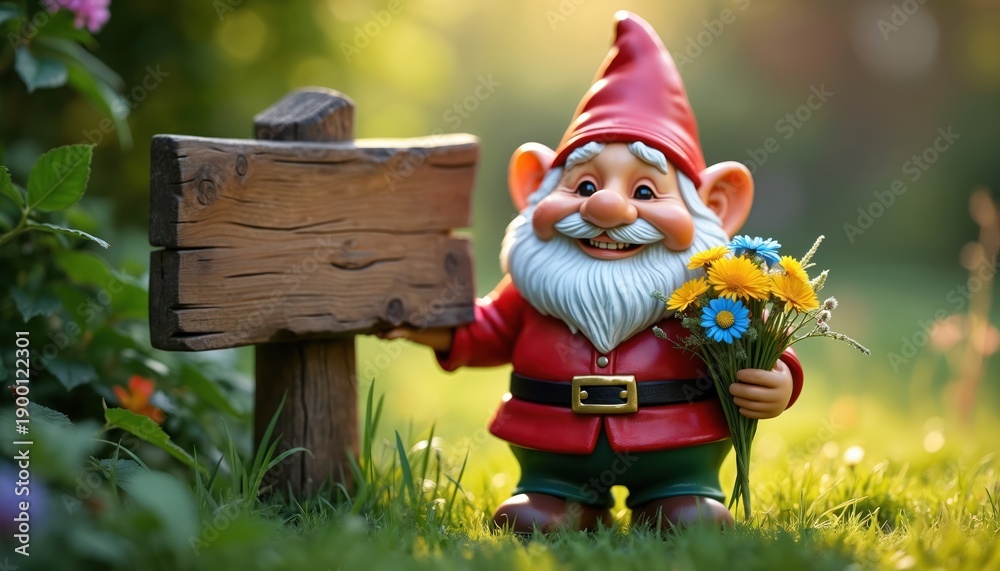 Fototapeta premium Garden gnome with flowers stands by wooden sign. Cheerful dwarf holds bouquet. Gnome wears red hat, green pants. Gnome smiles. Sunny day. Background green blur. Awaiting message. Nature art.