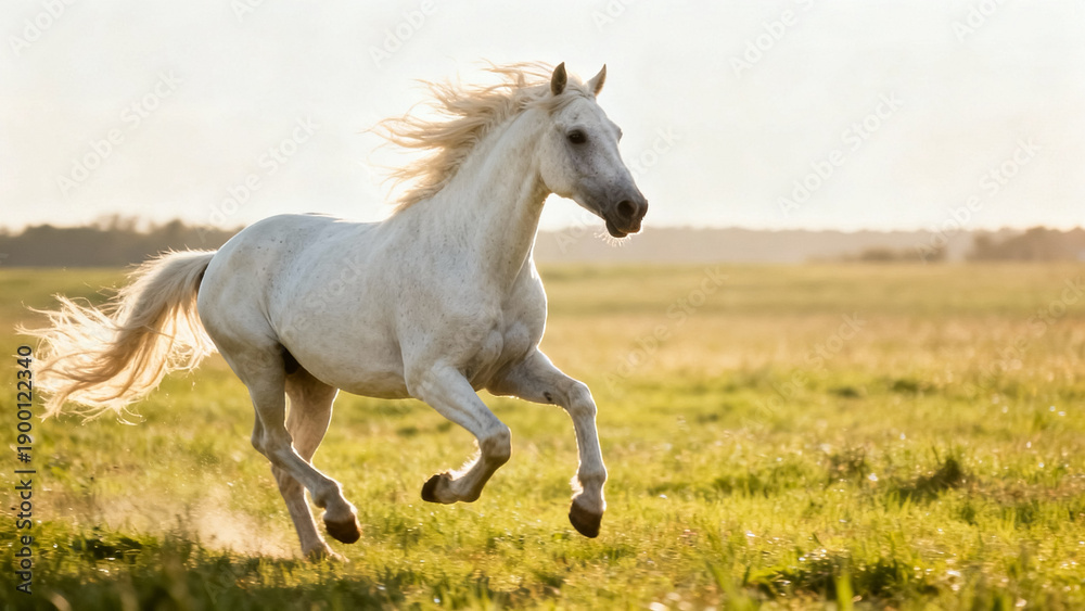 Obraz premium Elegant white horse running freely in open countryside.