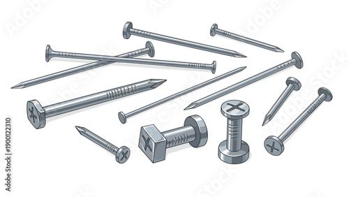 Realistic digital illustration shows a collection of various steel nails, bolts, and hardware fasteners scattered on a white background.
