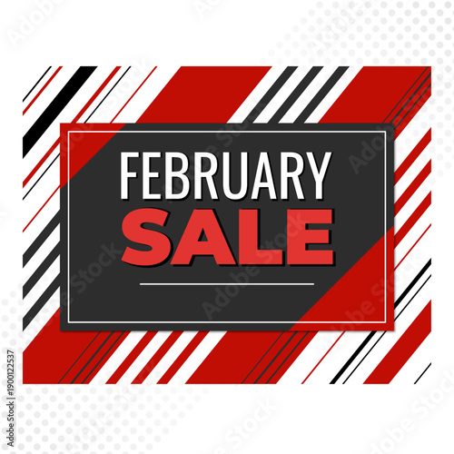 February Sale Graphic with Bold Text. Eye-catching February sale graphic with bold text and diagonal red, black, and white stripes. Suitable for seasonal promotions and advertising campaigns