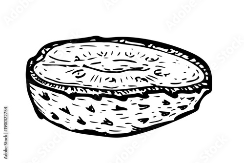 Soursop fruit halved top above. Hand drawn ink sketch of exotic fruit. Can used for food background, labels, wrapping design.