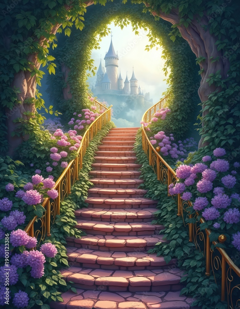 Obraz premium Stone stairs wind upwards surrounded by green ivy and purple flowers leading to a distant fairytale castle under bright sunlight. Path to enchanted kingdom.