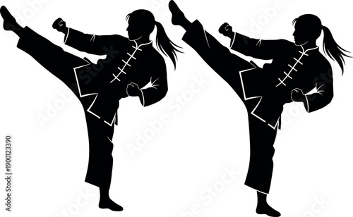 Black Silhouette Illustration of Two Female Martial Artists Performing High Side Kicks in Traditional Kung Fu Uniforms on White Background
