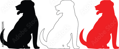 Three sitting dog silhouettes in black, white outline, and red colors on a white background.