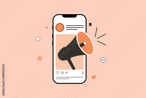 Digital marketing strategy with megaphone icon on phone screen. Social media advertisement and online promotion. user interface.