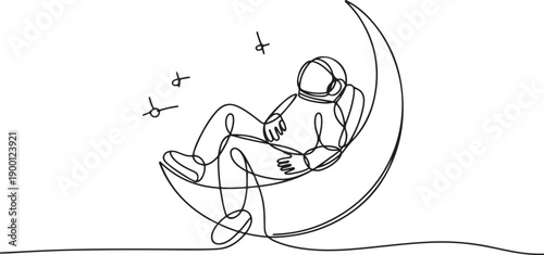 One single line drawing of space man astronaut exploring cosmic galaxy, leaning relax on crescent moon vector illustration. Fantasy outer space life fiction concept. one line Icon drawing