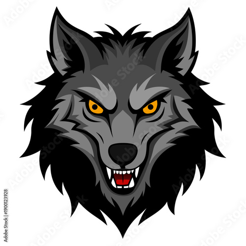 Angry wolf head front view logo for sports team branding. Perfect for team logos, jerseys, banners and competitive graphics. Isolated vector illustration on white background