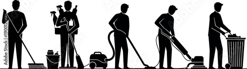 Professional cleaning service team silhouette set with janitors using vacuum industrial floor polisher broom mop and trash bin for commercial maintenance
