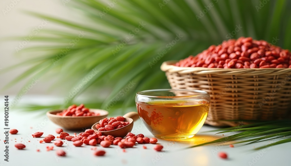 Fototapeta premium Red goji berries in wooden bowl and basket next to glass of tea. Fresh fruit and drink with palm leaves background. Natural healthy food and beverage.