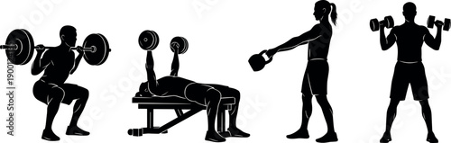 Set of silhouettes showing diverse people performing gym exercises including barbell squats, bench press, kettlebell swings, and dumbbell overhead press.