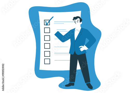 A businessman in a blue suit is checking a box on a large checklist with a satisfied expression