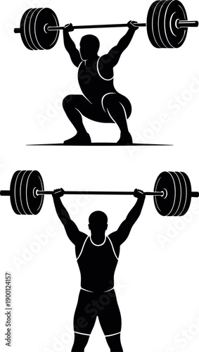 Silhouette of a professional weightlifter performing an overhead snatch and standing up with a heavy barbell in a gym competition.