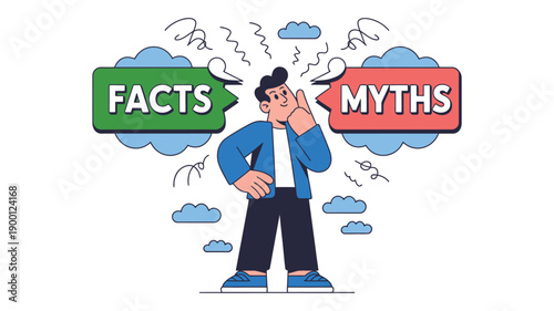 A cartoon man confused by facts and myths floating in thought bubbles around his head.