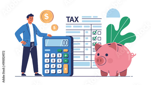 A man using a calculator to plan his taxes and save money in a piggy bank