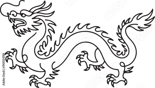 One single line drawing of scary beast dragon for china ancient museum logo identity. Legend fairy tale animal mascot concept for ancient chinese organization. one line Icon drawing