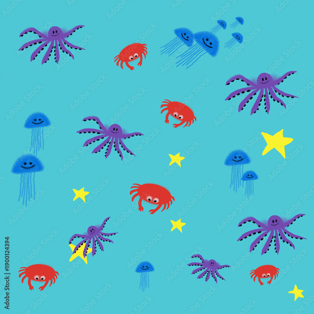 Fototapeta premium Colorful drawing featuring cartoon sea creatures on a blue background. Purple octopuses, red crabs, and blue jellyfish with smiling faces. Yellow starfish adding bright contrast. Playful marine theme
